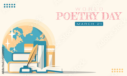 World Poetry Day Template. Stack of poetry books and copy space area