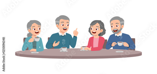 old man and old woman and friend drinking coffee and talking