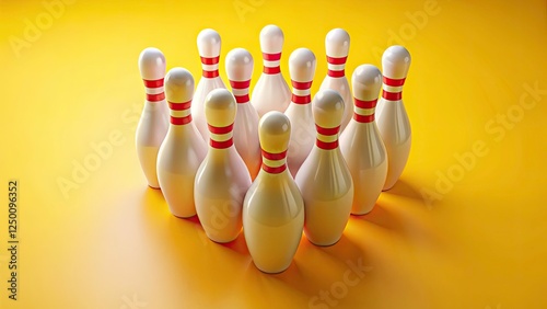 High-resolution aerial drone shot: isolated 3D-rendered yellow skittles bowling pins against a yellow background.