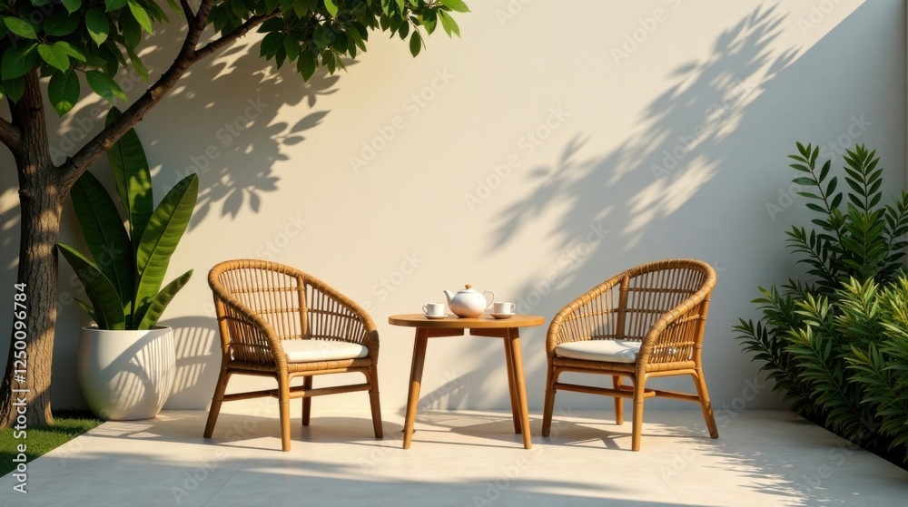 Obraz premium Serene outdoor patio scene featuring two comfortable woven chairs, a small wooden table with tea set, and lush potted plants, bathed in the warm glow of sunlight.