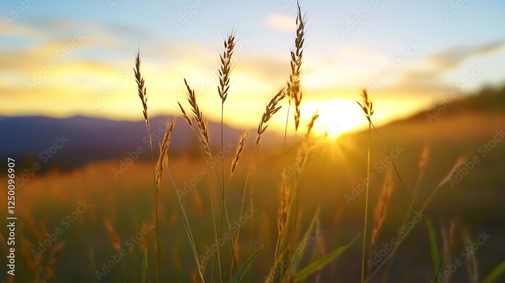 Obraz premium Golden Hour Grass Field with Silhouette of Tall Grass and Warm Sunlight Glimmering Through : Generative AI