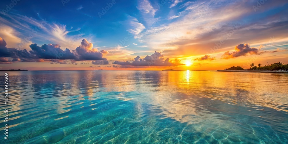 Fototapeta premium Serene Sunset Over Crystal Clear Waters, serene, tranquil, serene, tranquil