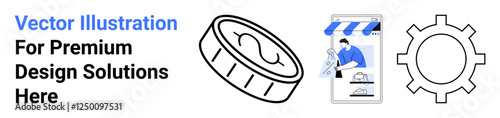 Metallic coin, gear shape, and storefront with creative tools highlight commerce, design, and innovation. Ideal for ecommerce, business, technology, creativity design branding startups flat
