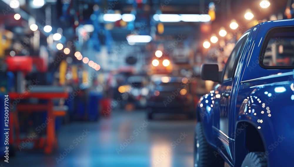 Obraz premium Blue Pickup Truck in Factory Assembly Line