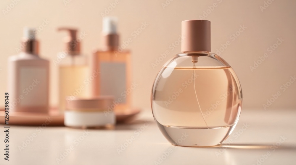 Aromatic Essence Elegant Perfume Bottle with Complementary Skincare Products on a Subtle Background Aromatic Essence Elegant Perfume Bottle with Complementary Skincare Products on a Subtle Background