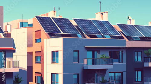 Roof-mounted solar panels on a fashionable, modern apartment building. Solar-Powered Cities. Illustration photo