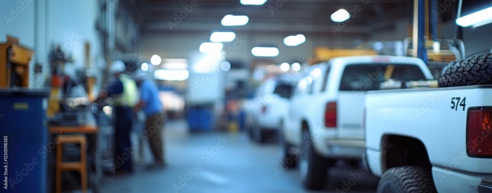 Blurry Industrial Garage with Trucks and Workers Blurry Industrial Garage with Trucks and Workers