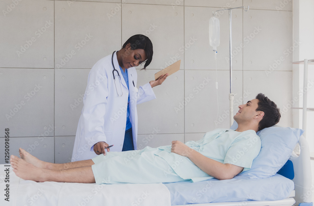 Woman doctor black people stand with patient caucasian man lying bed carer physical therapist two person talk help support and check treat sick person take care of your health in room hospital clinic Woman doctor black people stand with patient caucasian man lying bed carer physical therapist two person talk help support and check treat sick person take care of your health in room hospital clinic