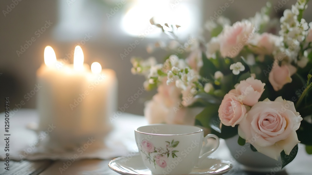 Elegant tea setting with flowers and candles creating a serene atmosphere for relaxation : Generative AI Elegant tea setting with flowers and candles creating a serene atmosphere for relaxation : Generative AI