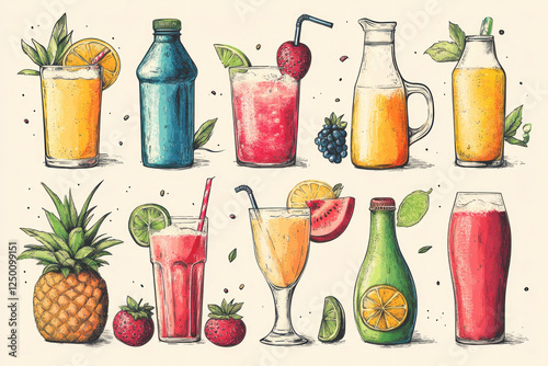 Various tropical cocktails and fresh fruits arranged on a wooden table, creating a colorful and vibrant display, perfect for a summer party or tropical getaway.