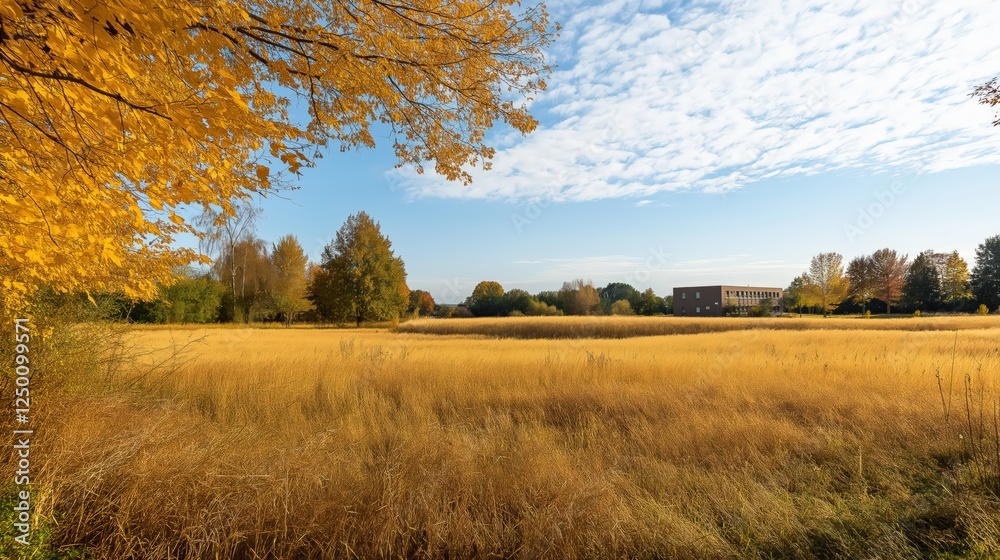 Golden Autumn Field With Trees And Buildings Golden Autumn Field With Trees And Buildings