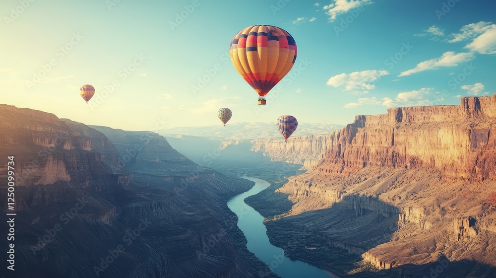 Fototapeta premium Hot air balloons hovering above a scenic canyon, grand open sky for copy space usage.