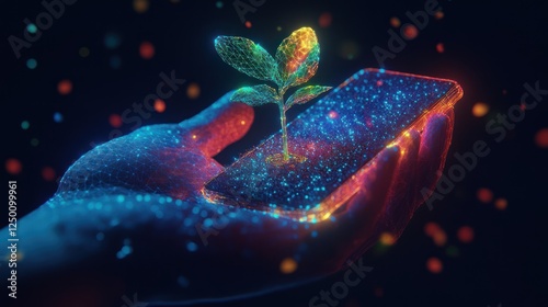 Glowing plant sprouting from a phone held in a hand.