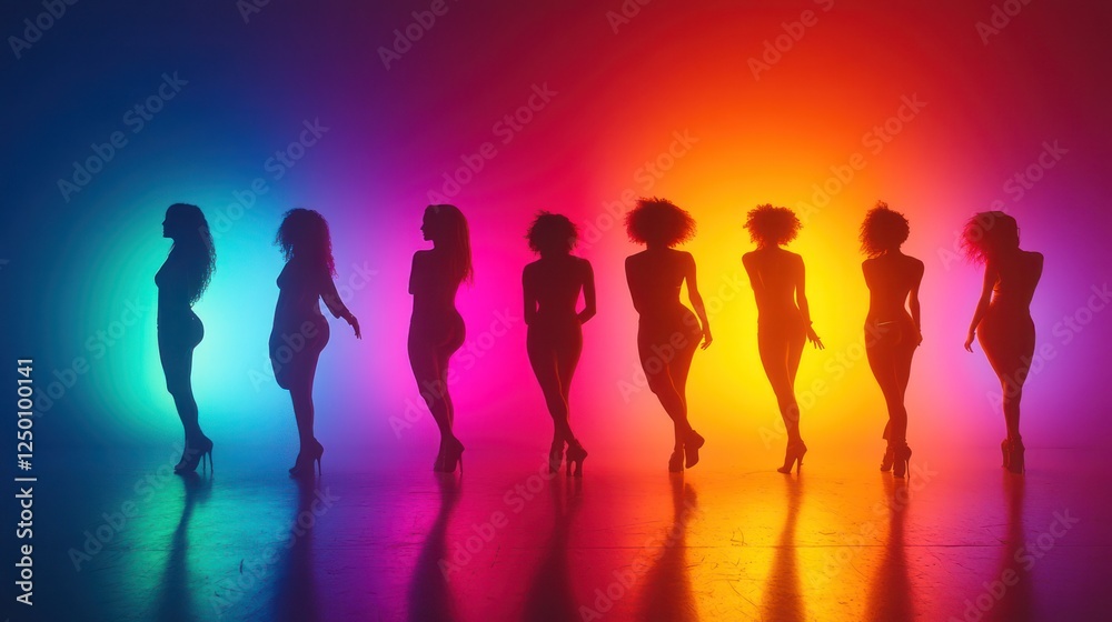 Obraz premium Silhouettes of eight women in vibrant colored lighting.
