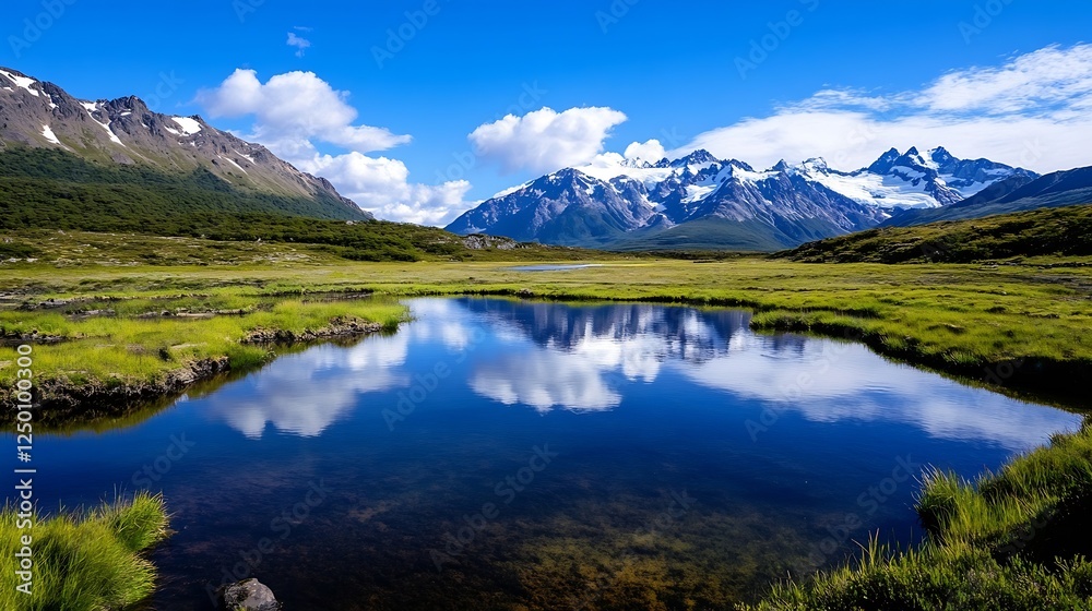 Naklejka premium Breathtaking panoramic view of a serene lake surrounded by majestic mountains under a clear blue sky : Generative AI