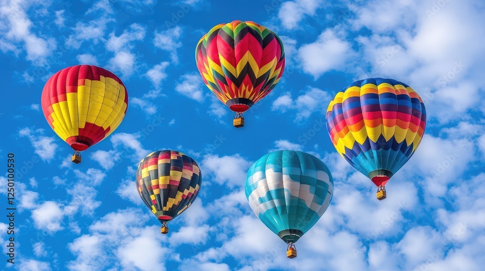Obraz premium Rainbow balloons seen from a low angle against the vast sky, dramatic perspective with clear copy space.
