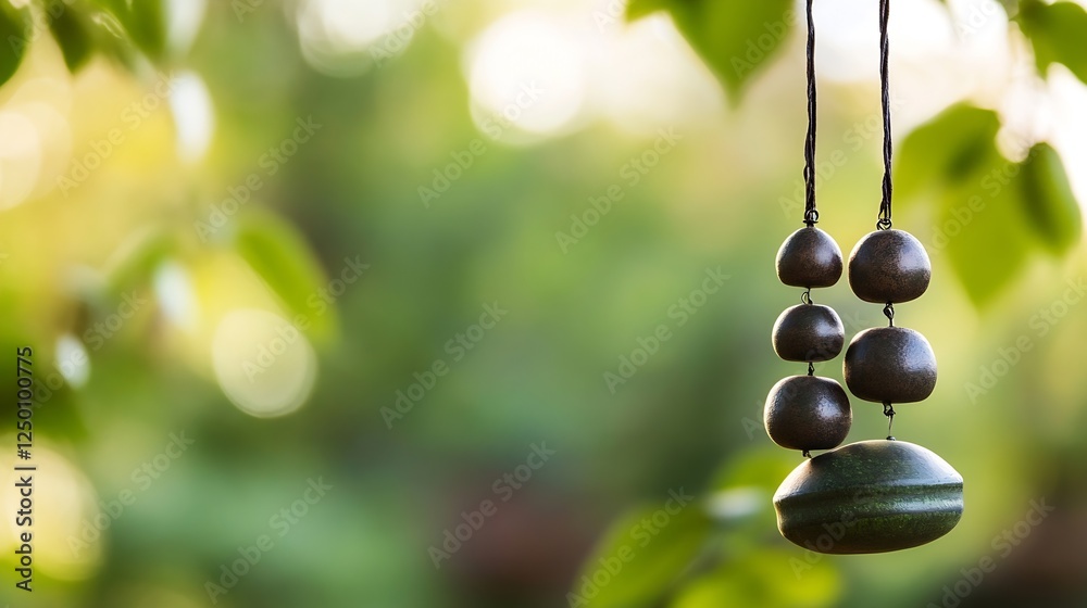 Elegant wind chime hanging gently in lush green foliage and natural light : Generative AI Elegant wind chime hanging gently in lush green foliage and natural light : Generative AI