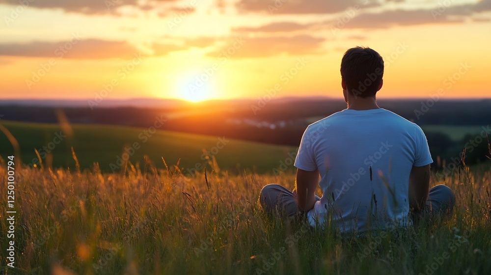 Obraz premium Silhouette of a man meditating in a field during a beautiful sunset : Generative AI