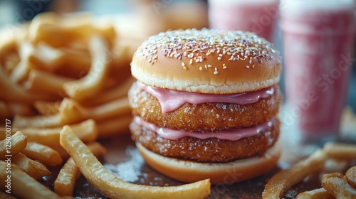 Double burger, fries, shakes, sugary sprinkles, cafe photo