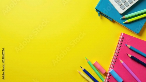 Vibrant Yellow Background Featuring Colorful Stationery Supplies for Creative Projects and Note-Taking