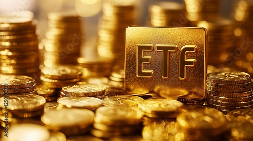 Create a high-resolution image focused on a shiny, gold-plated sign displaying the acronym 'ETF' in the foreground.