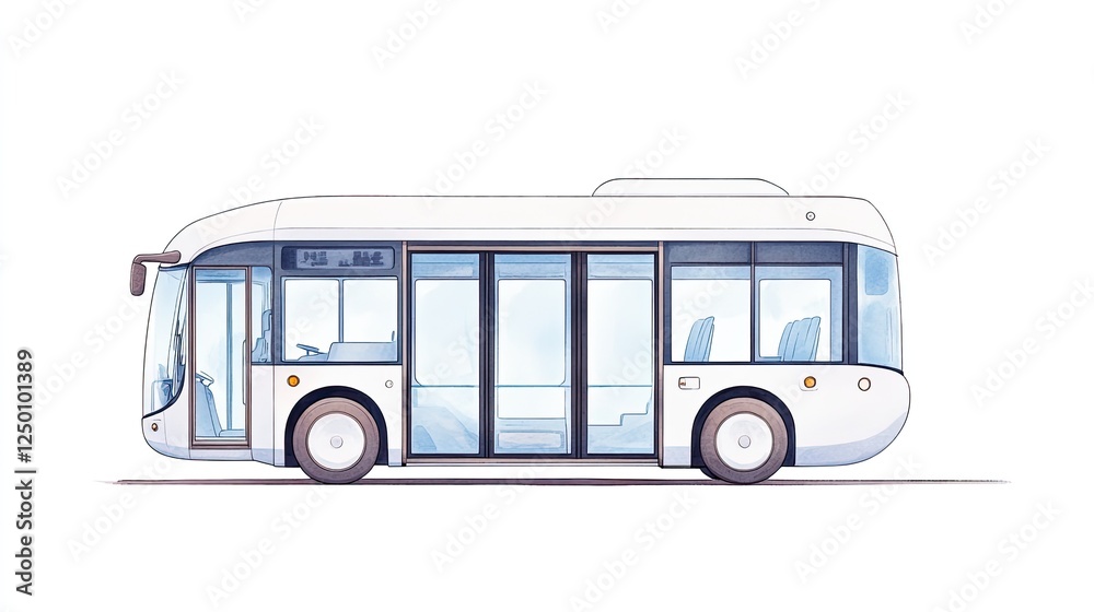 Modern electric bus design featuring spacious interior and large windows, set against a minimalistic backdrop Modern electric bus design featuring spacious interior and large windows, set against a minimalistic backdrop