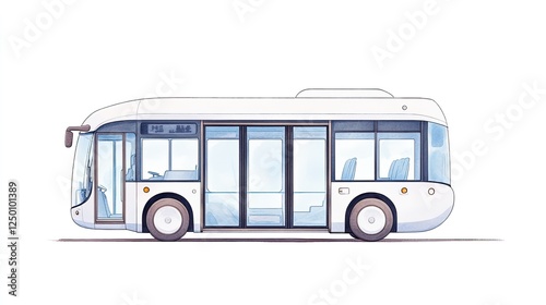 Modern electric bus design featuring spacious interior and large windows, set against a minimalistic backdrop
