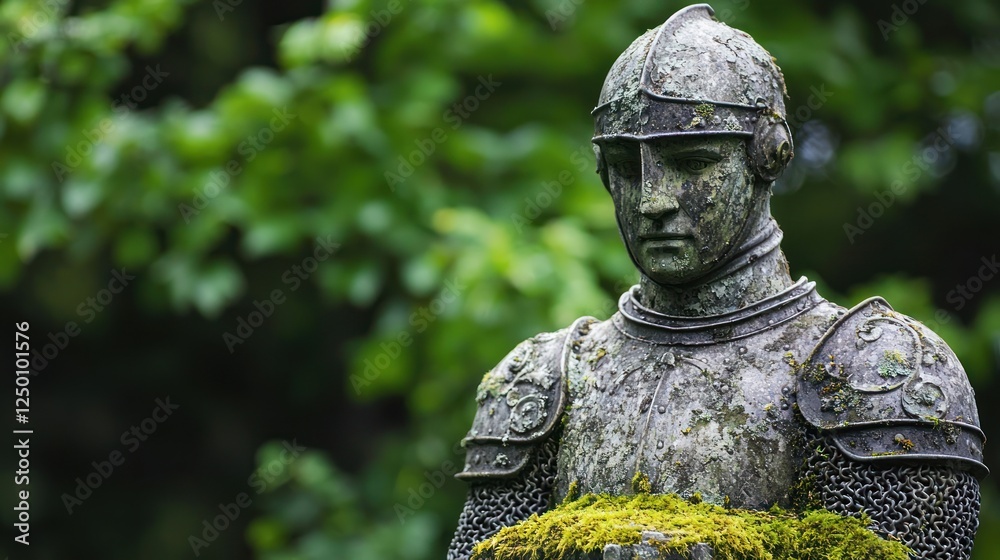 A knight statue with weathered features and moss growing on its base.