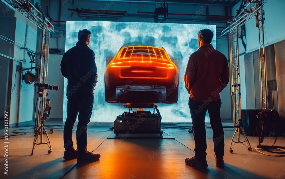 Obraz premium Two engineers Developers standing in design studio near futuristic holographic table and make a 3d car