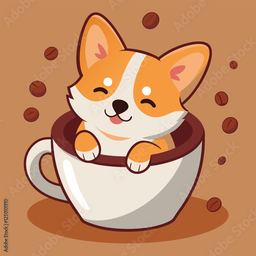 Cute cat in coffee cup cartoon illustration. Funny kitty print design for cafe on Valentine. Adorable and kawaii animal love tea mug in morning.