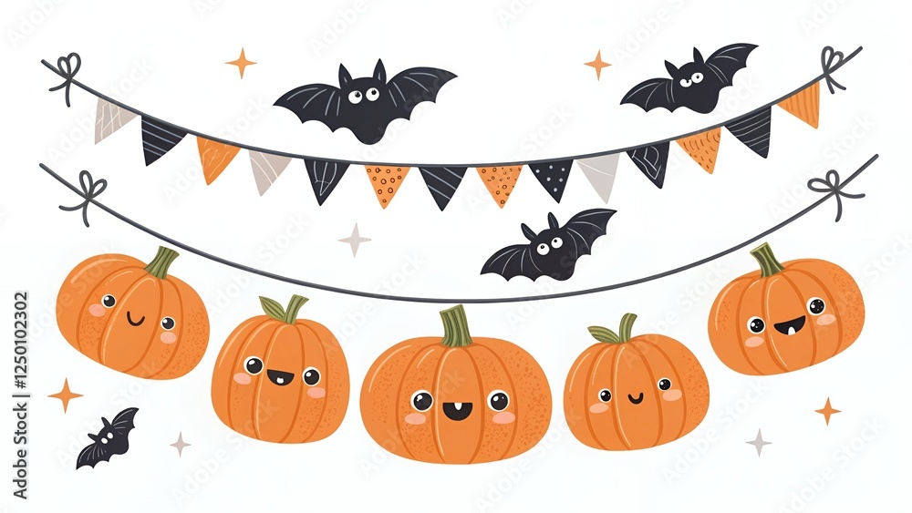 Cute Halloween Pumpkins Bats Bunting Illustration Cute Halloween Pumpkins Bats Bunting Illustration