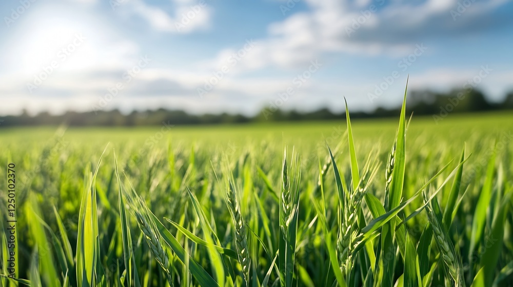Fototapeta premium Lush Green Grass Field Under Bright Blue Sky with Fluffy Clouds : Generative AI