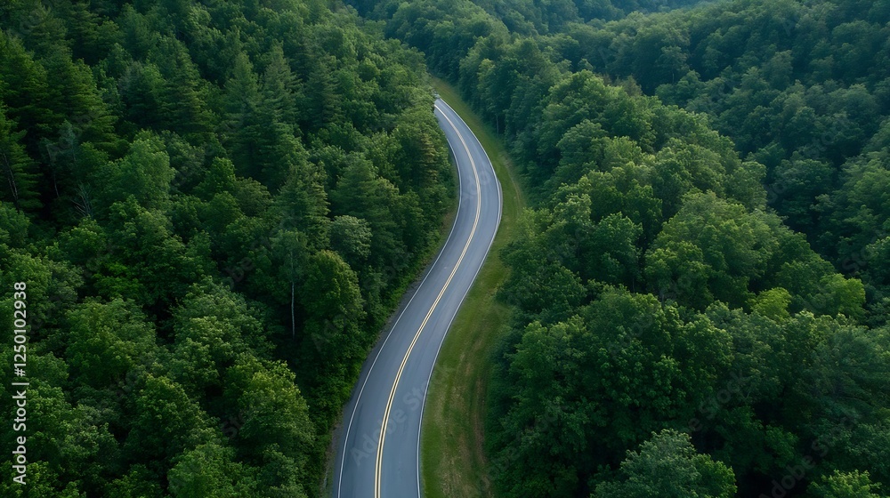 Aerial view of a winding road surrounded by dense lush green forest landscape : Generative AI Aerial view of a winding road surrounded by dense lush green forest landscape : Generative AI