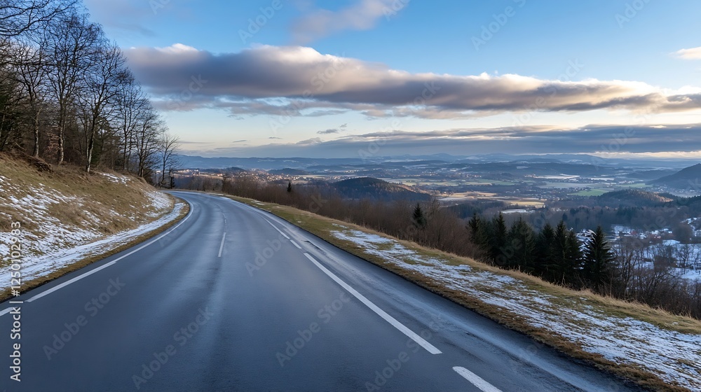 Fototapeta premium Scenic Road with Melting Snow Surrounded by Lush Green Fields and Stunning View : Generative AI