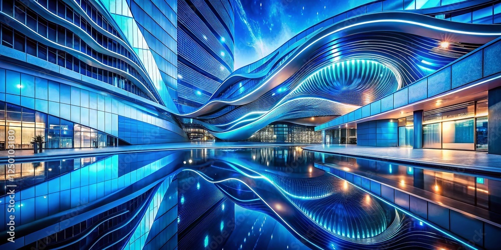 Fototapeta premium Abstract Blue Ocean Waves with Glittering Particles: Digital Architectural Art