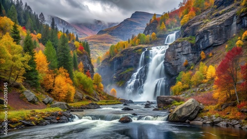 Majestic autumn colors at Rovijokkfossen waterfall in Skibotndalen's serene and misty surroundings, showcasing the beauty of changing leaves , autumn, Rovijokkfossen photo