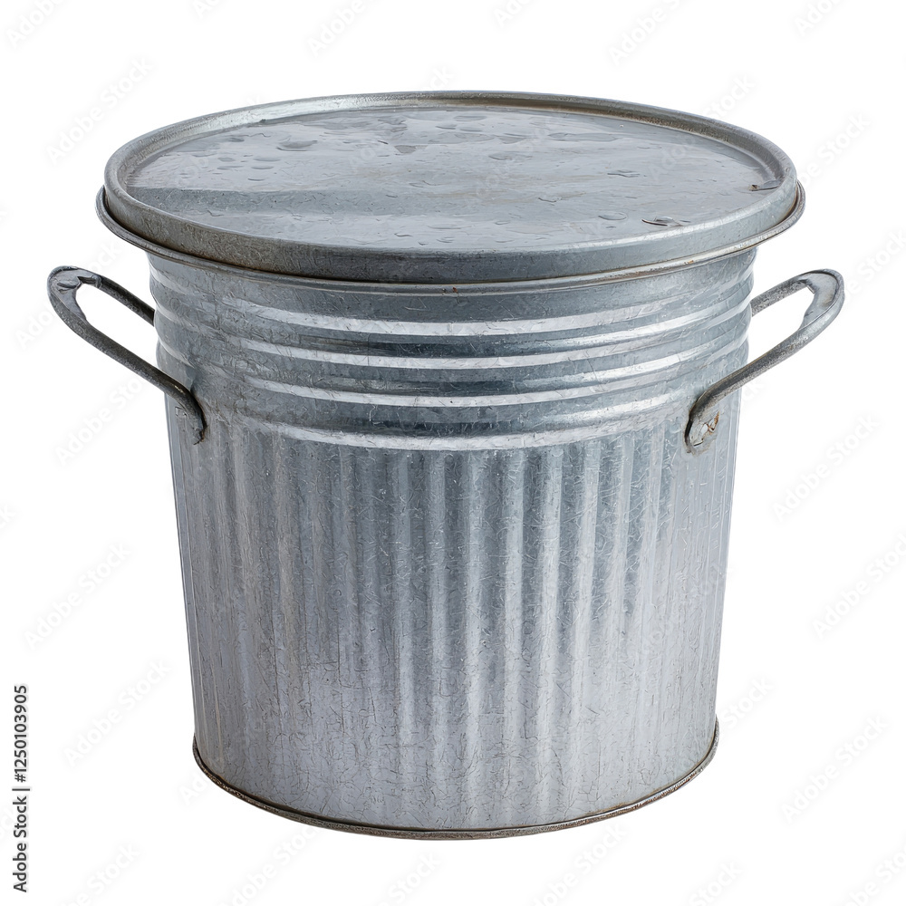 Galvanized metal trash can with lid and handles, ideal for waste disposal. This durable container features ribbed design and is perfect for home or office use Galvanized metal trash can with lid and handles, ideal for waste disposal. This durable container features ribbed design and is perfect for home or office use
