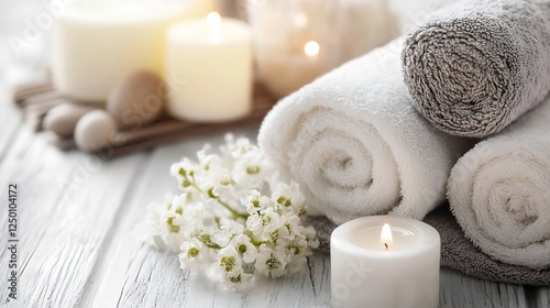 Spa Setting with Rolled Towels White Candles and Delicate Spring Flowers for Relaxation : Generative AI