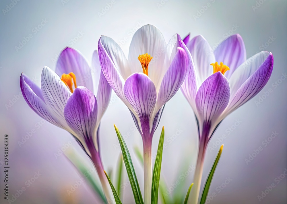 Fototapeta premium Macro close-up of purple and white crocuses, sharp focus, minimalist spring botanical photography.