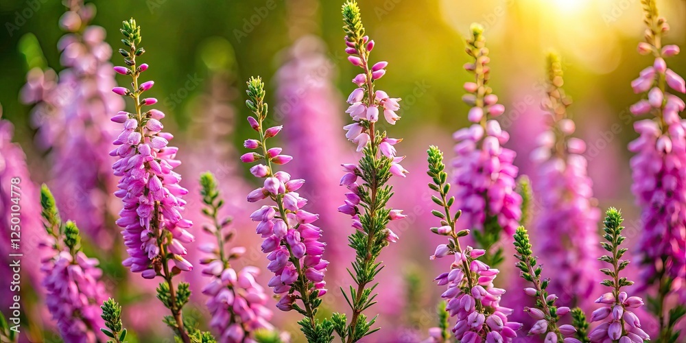 Macro photography captures the vibrant purple beauty of common heather wildflowers. Macro photography captures the vibrant purple beauty of common heather wildflowers.