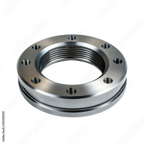 Metal flange with precision threads, isolated on a white background, showcasing an essential component for pipe connections in industrial applications.