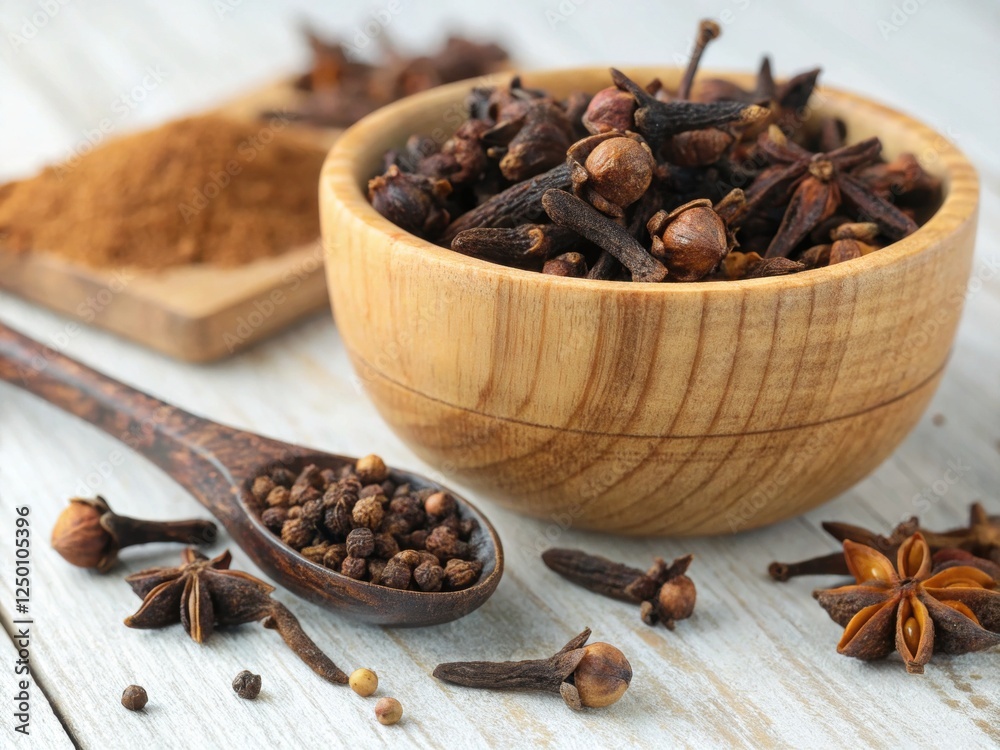 Wooden Bowl of Cloves and Star Anise with Peppercorns Wooden Bowl of Cloves and Star Anise with Peppercorns