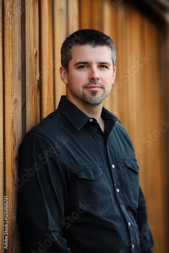 Confident man in casual attire leaning against wooden wall showcasing modern masculinity and style : Generative AI photo