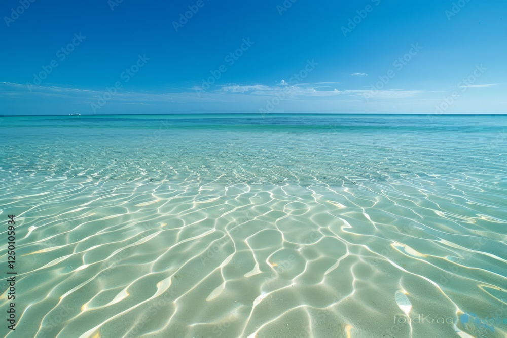 Naklejka premium Crystal clear sea water bay. Pristine ocean lagoon water and sunny cloudy sky. High quality photo