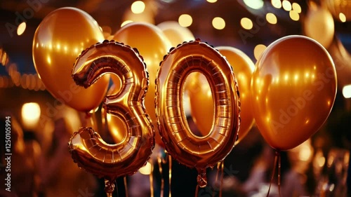 Golden Celebration: Festive '30' Number Balloons for a Milestone Birthday