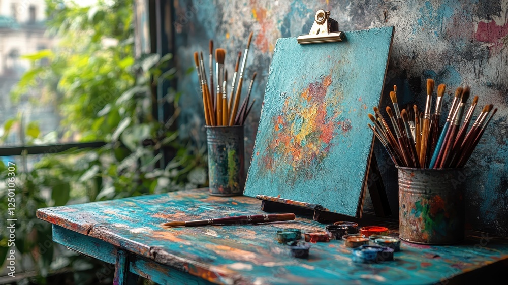 Vibrant Artist's Studio with Colorful Paints and Brushes on Rustic Wooden Table by Sunlit Window Vibrant Artist's Studio with Colorful Paints and Brushes on Rustic Wooden Table by Sunlit Window