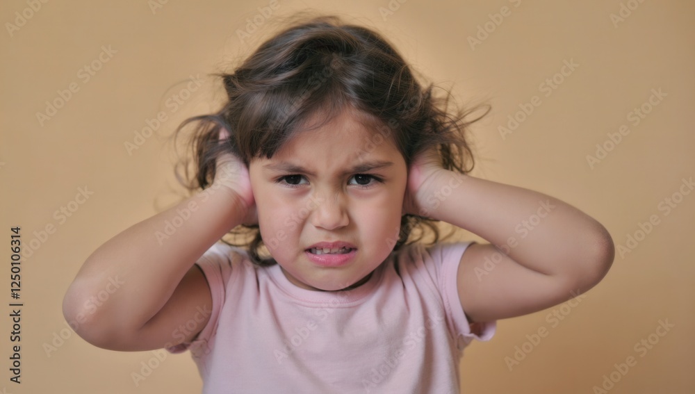A small girl with an angry expression covering her ears tightly. Great for themes of loud noise, childhood emotions, frustration, and stress A small girl with an angry expression covering her ears tightly. Great for themes of loud noise, childhood emotions, frustration, and stress