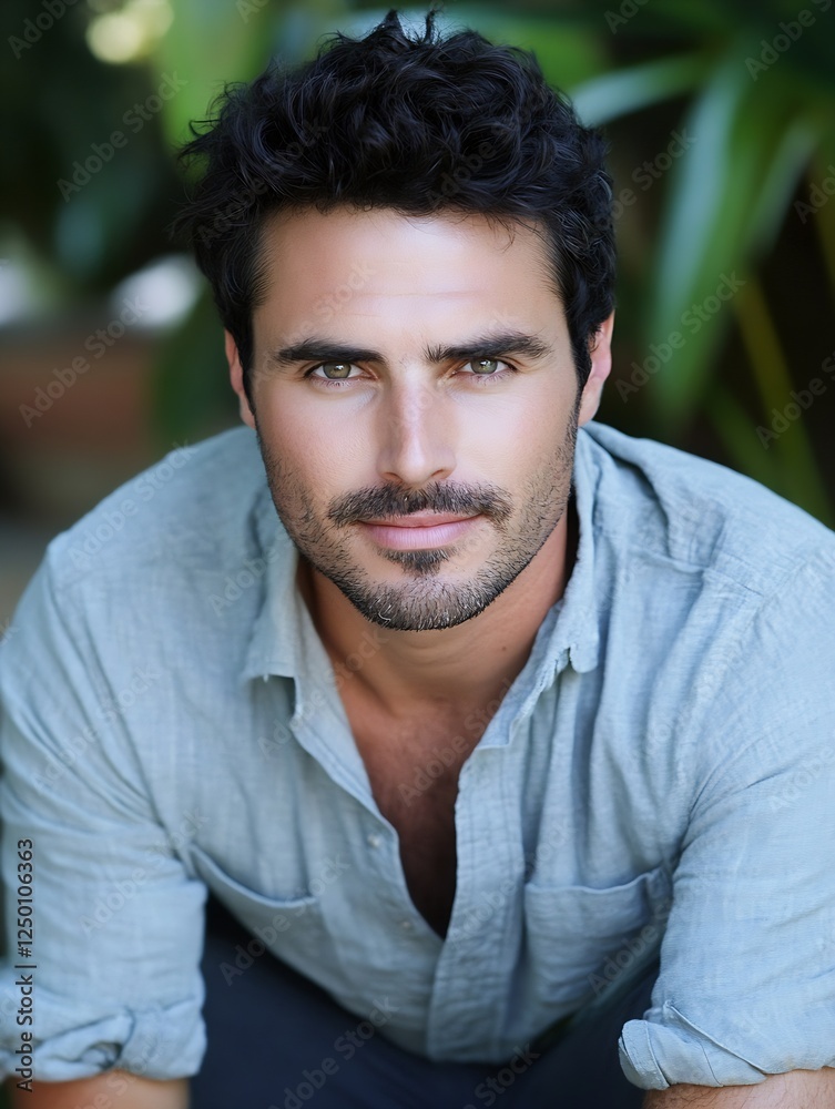 Fototapeta premium Portrait of a Handsome Man with Dark Hair and Charming Smile in Soft Lighting : Generative AI