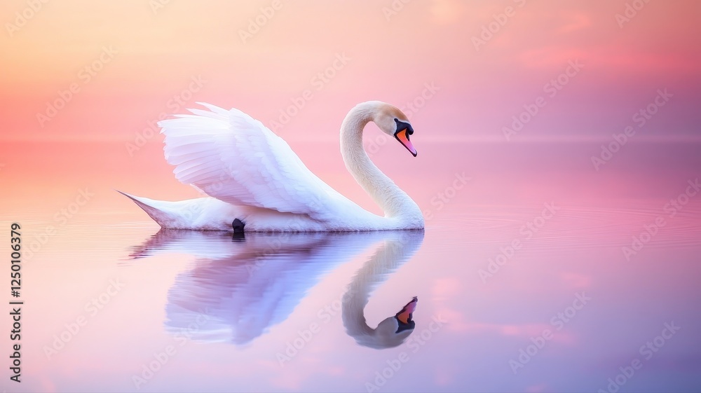 Fototapeta premium Graceful Swan Gliding on Tranquil Lake at Sunset with Soft Pastel Colors and Reflective Water Surface Creating a Serene and Peaceful Scene