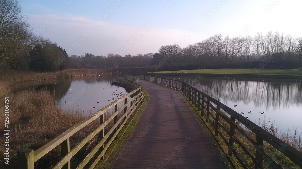 Naklejka premium Serene Lakeside Walkway: A Winter's Day
